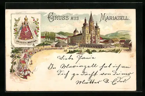 Lithographie Mariazell, Kirche mit Prozession, Gnadenbild