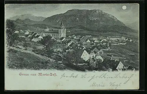 Mondschein-AK Maria-Zell, Teilansicht mit Kirche