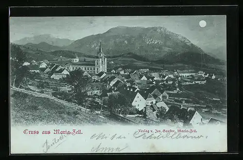 Mondschein-AK Maria-Zell, Teilansicht mit Kirche