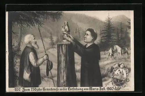 Künstler-AK Maria-Zell, Zum 750 jähr. Gedächtnis an die Entstehung des Ortes 1907, Mönch mit Marienstatue