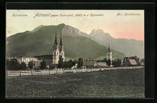 AK Admont, Alte Marktkirche und Stiftskirche gegen Sparafeld und Hahnstein