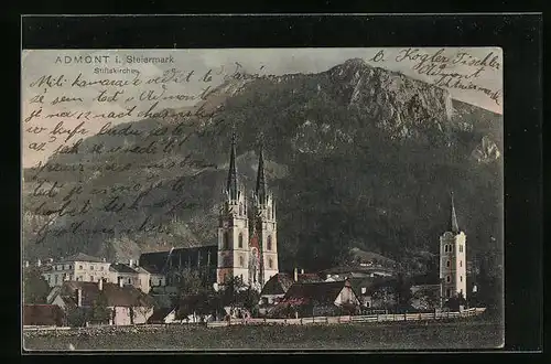 AK Admont, Teilansicht mit Stiftskirche