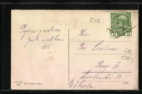 AK Leoben, Ortsansicht mit Trachtenbub