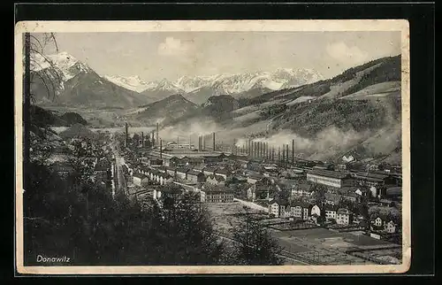 AK Donawitz, Ortsansicht mit Fabriken und Bahnschienen
