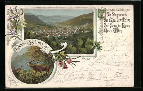 Künstler-AK Mürzzuschlag, Gesamtansicht, Röhrender Hirsch