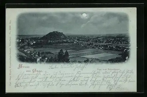 Mondschein-AK Graz, Ortsansicht vom Rainerkogel