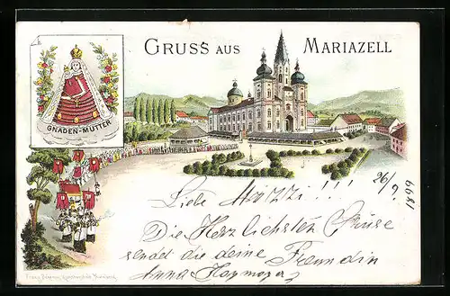 Lithographie Mariazell, Wallfahrtskirche mit Prozession, Gnaden-Mutter