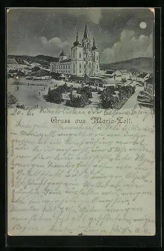 Mondschein-AK Maria-Zell, Kirche und Umgebung