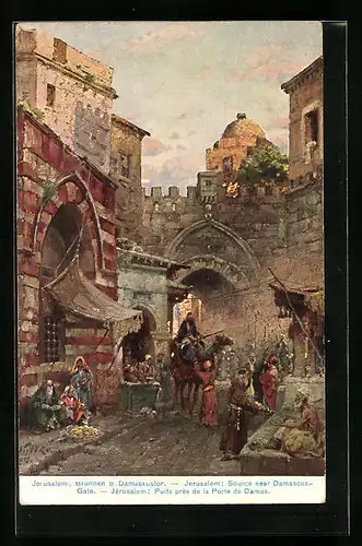 Künstler-AK Jerusalem, Brunnen beim Damaskustor, mit Kamel