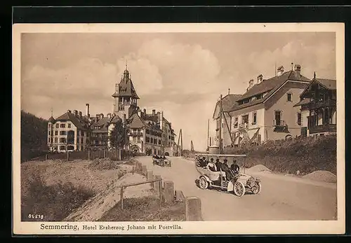 AK Semmering, Partie am Hotel Erzherzog Johann, Postvilla, Oldtimer