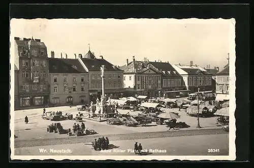 AK Wr. Neustadt, Markt auf dem  Platz, Rathaus