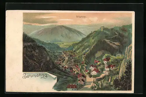 Künstler-AK Semmering, Ortsansicht aus der Vogelschau