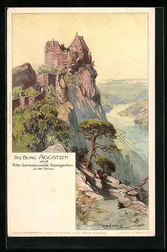 AK Aggstein, Burg mit Ritter Schreckenwalds Rosengärtlein und Donau