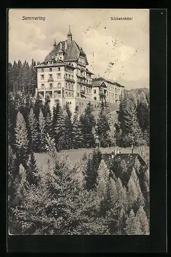 AK Semmering, Südbahnhôtel mit Wiese und Bäumen