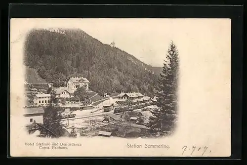 AK Semmering, Blick zum Hotel Stefanie und Dependance, Const. Panhans, Lokomotive am Bahnhof