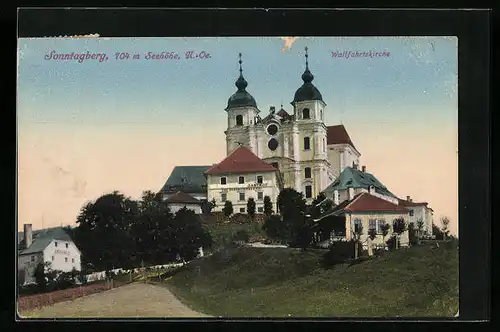 AK Sonntagberg, Blick zur Wallfahrtskirche, Gasthof und Fleischhauerei