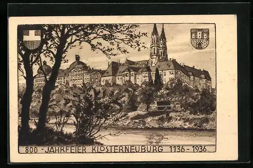 Künstler-AK Klosterneuburg, Jubiläumskarte zur 800-Jahrfeier, 1136-1936, Wappen
