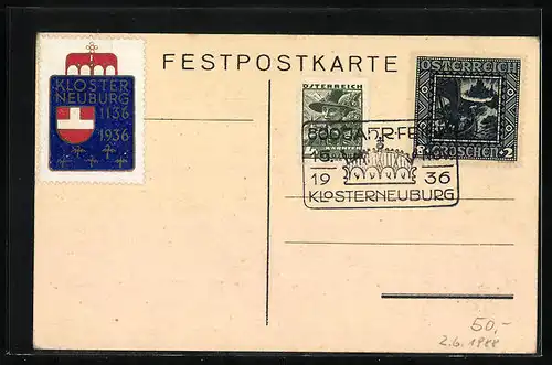 Künstler-AK Klosterneuburg, Jubiläumskarte zur 800-Jahrfeier, 1136-1936, Wappen
