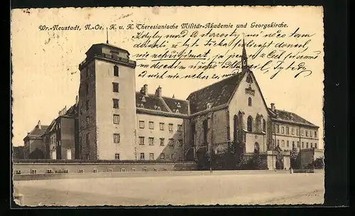 AK Wr.-Neustadt, Strassenpartie an der Theresianischen Militär-Akademie, Georgskirche
