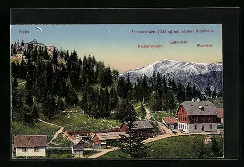 AK Sonnwendstein, Blick auf Schülers Alpenhaus mit Kaiserstein und Maxriegel, Gasthaus