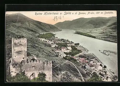 AK Spitz a. d. D., Ruine Hinterhaus, Blick auf den Ort, Dampfschiff