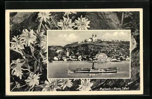 AK Marbach, Ortsansicht mit Maria Taferl vom Wasser aus, Dampfschiff