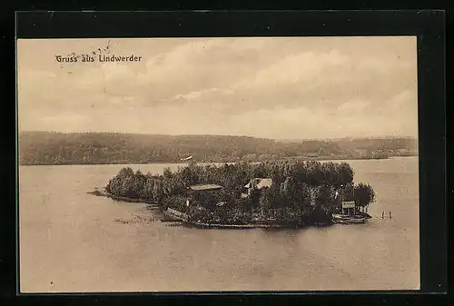 AK Lindwerder, Insel mit Eingang zum Wirtshaus aus der Vogelschau