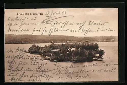 AK Lindwerder, Insel mit Gasthof aus der Vogelschau