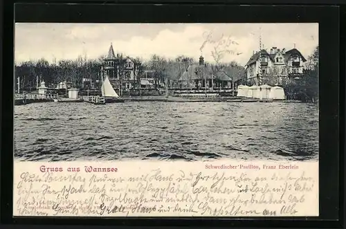 AK Berlin-Wannsee, Uferpartie mit Schwedischem Pavillon vom Wasser aus