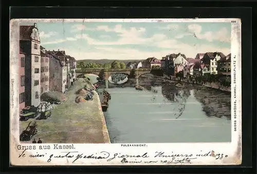AK Kassel, Uferpartie mit Brücker über die Fulda