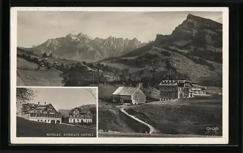 AK Nesslau, Kurhaus Grütli mit Bergpanorama