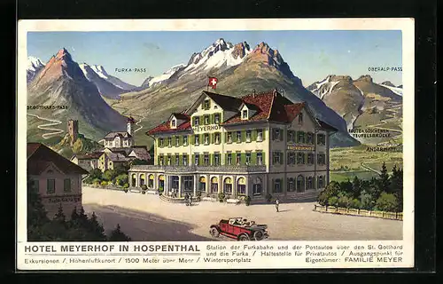 Künstler-AK Hospenthal, Hotel Meyerhof mit Furka-Pass