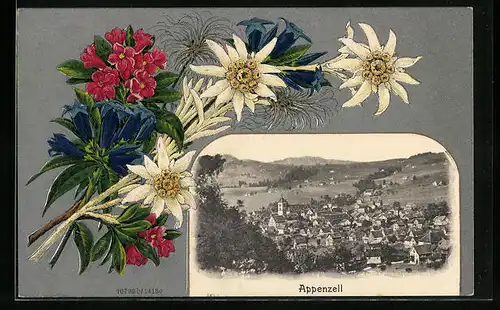 Präge-AK Appenzell, Ortsansicht mit Edelweiss-Dekor