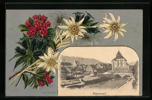 Präge-AK Appenzell, Ortsansicht mit Edelweiss-Dekor