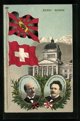 Präge-AK Bern, Adolf von Steigler und Marc Ruchet mit Flaggen