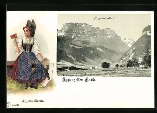 Präge-AK Appenzell, Schwendethal mit Appenzellerin in Tracht