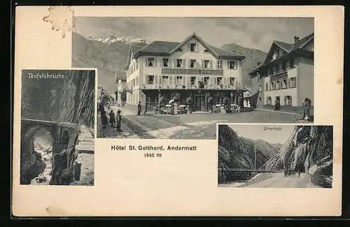 AK Andermatt, Hotel St. Gotthard mit Teufelsbrücke