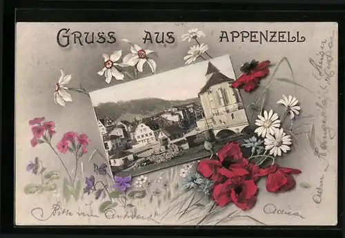 AK Appenzell, Ortsansicht mit Blumen-Dekor