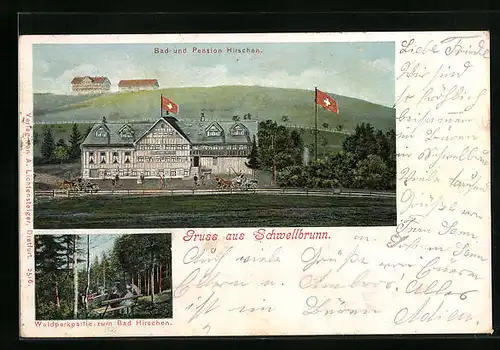 AK Schwellbrunn, Waldparkpartie mit Bad und Pension Hirschen