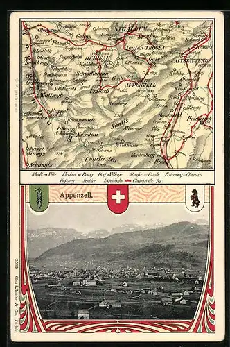 AK Appenzell, Ortsansicht mit Landkarte und Wappen