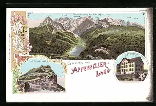 Lithographie Appenzell, Totalansicht mit Hohenkasten und Wirtshaus