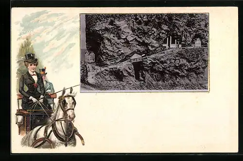 Präge-AK Aescher b. Wildkirchli, Ortsansicht mit Dame in Kutsche