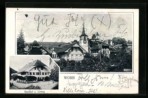 AK Worb, Ortsansicht mit Kirche und Gasthof zum Löwen