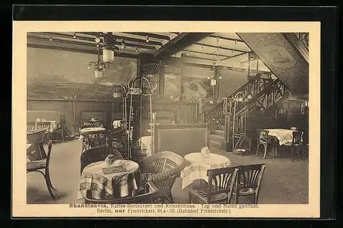 AK Berlin, Café und Konzerthaus Skandinavia, Friedrichstr. 94a-95, Blick in den Gastraum