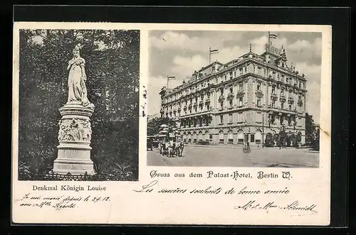 AK Berlin, Strassenpartie am Palast-Hotel, Denkmal Königin Louise
