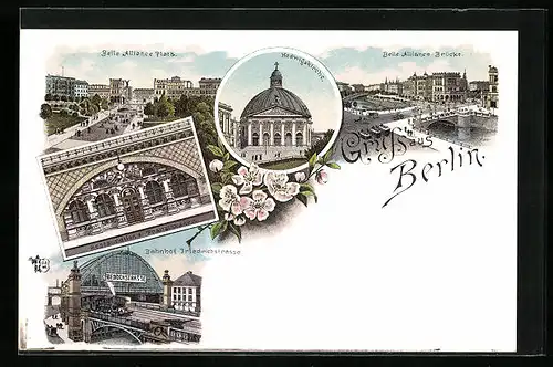 Lithographie Berlin, Belle Alliance Platz und Brücke, Hedwigskirche, Gasthaus zum Franziskaner, Bahnhof Friedrichstrasse