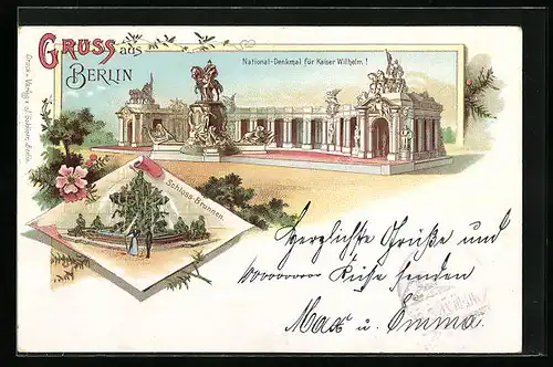 Lithographie Berlin, National-Denkmal für Kaiser Wilhelm I., Schloss-Brunnen