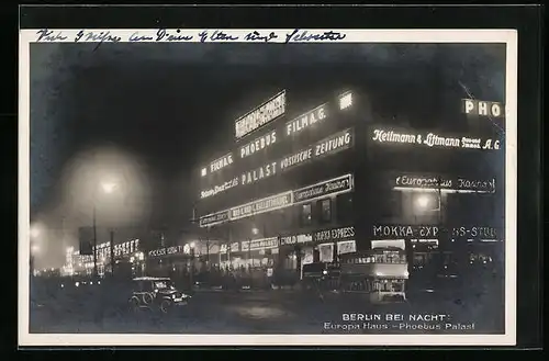 AK Berlin, Partie am Europa Haus bei nächtlicher Beleuchtung