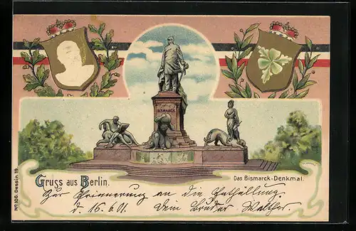Lithographie Berlin, Das Bismarck-Denkmal, Portrait und Wappen, Eichen- und Lorbeer-Laub