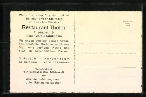 AK Berlin, Restaurant Thelen in der Friedrichstrasse 94 mit Konzertraum